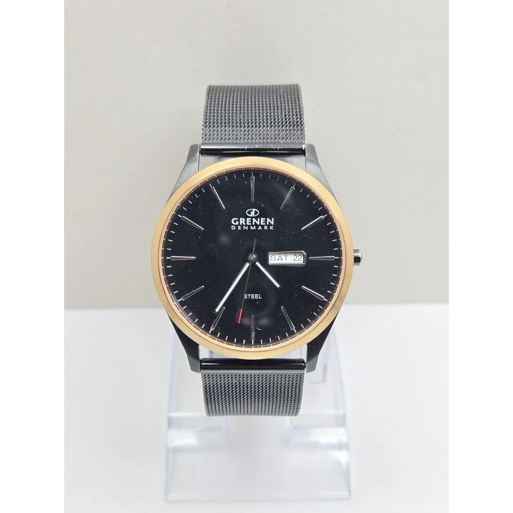 Mens Grenen by Skagen Black Gold Tone Steel Mesh 41mm Day Date Watch New Battery